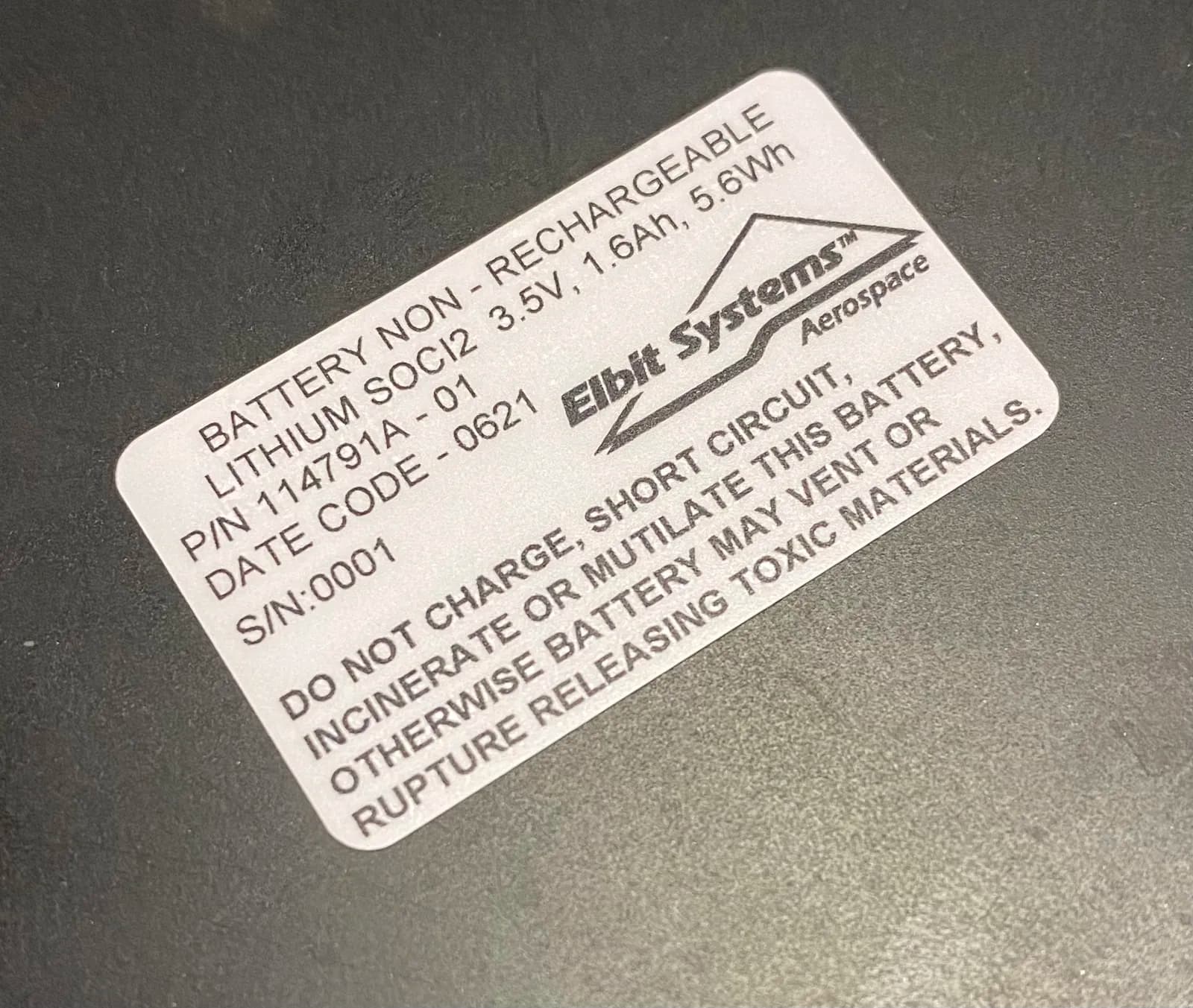 Elbit aerospace battery label