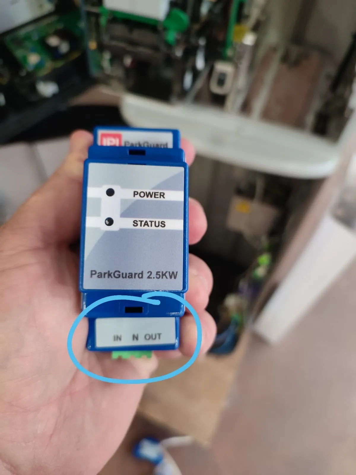 ParkGuard device with applied label