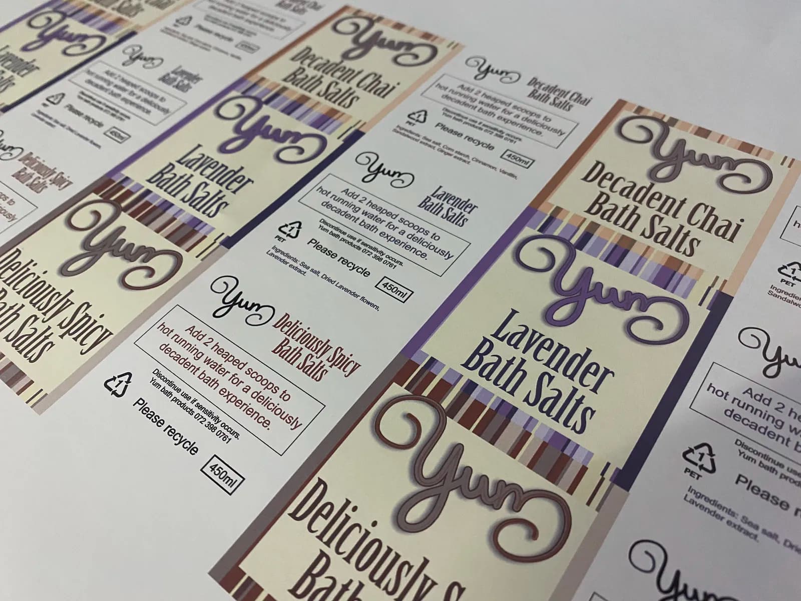 Yum bath salts product label