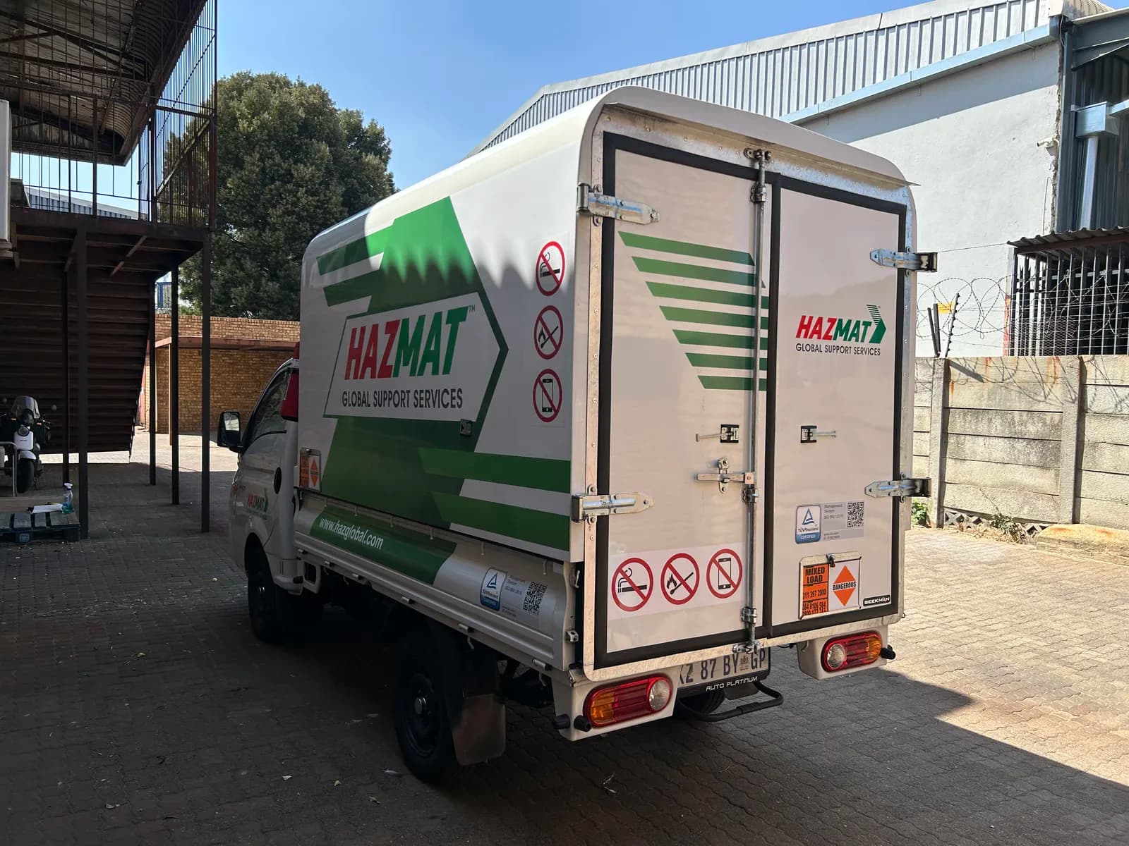 Hazmat branded truck rear view